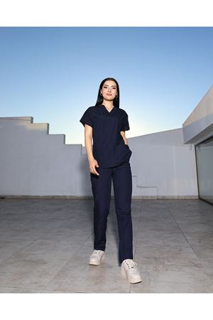 Lacivert Likralı Kadın Scrubs 