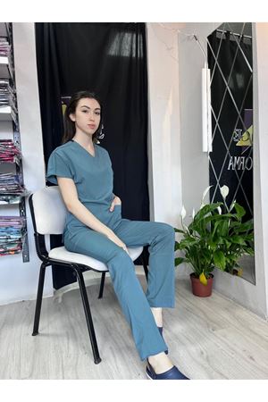 Petrol Yeşili Likralı Kadın Scrubs