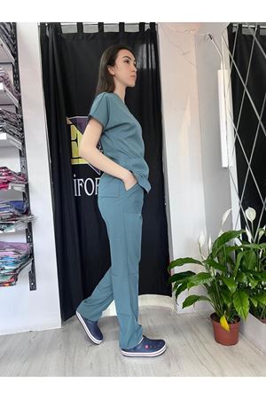 Petrol Yeşili Likralı Kadın Scrubs