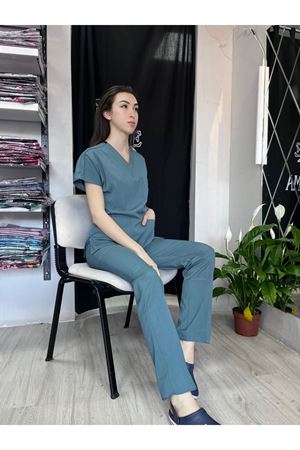 Petrol Yeşili Likralı Kadın Scrubs