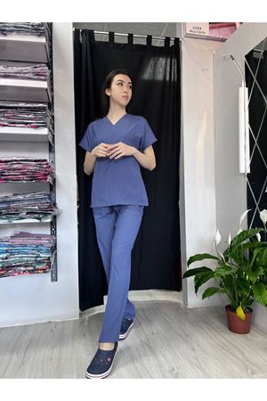 Petrol Mavi Kadın Likralı Scrubs 